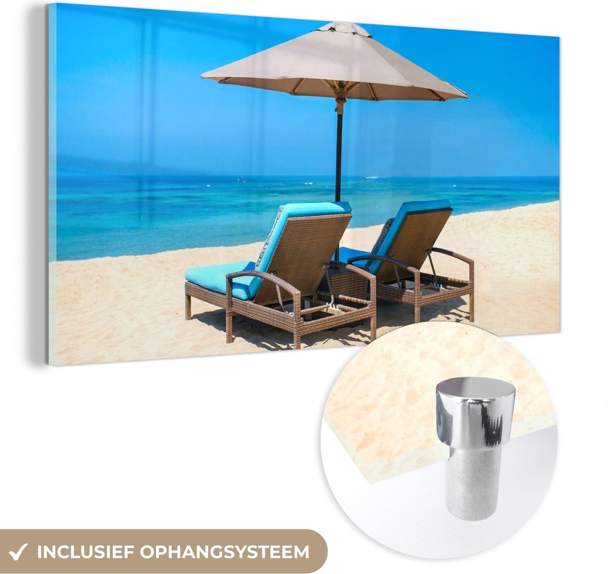 MuchoWow® Glasschilderij 40x20 cm - Schilderij acrylglas - Strandstoel - Parasol - Zomer -