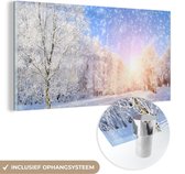 MuchoWow® Glasschilderij 40x20 cm - Schilderij acrylglas - Sneeuw - Zon - Winter - Foto op glas - Schilderijen