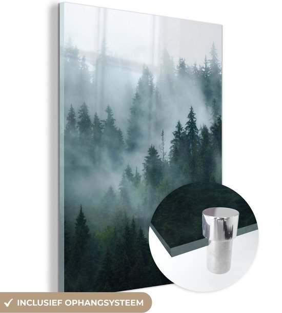 MuchoWow® Glasschilderij 30x40 cm - Schilderij acrylglas - Mist - Bomen - Bos - Foto op glas - Schilderijen