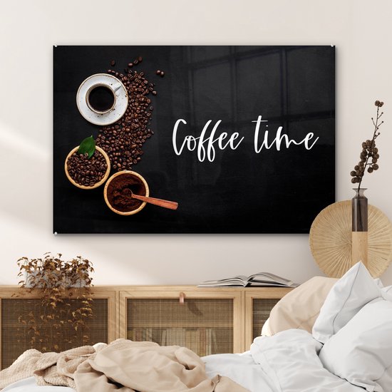 MuchoWow® Peinture sur verre 120x80 cm - Peinture sur verre acrylique - Citations - Dictons - L'heure du Coffee - Café - Photo sur verre - Peintures