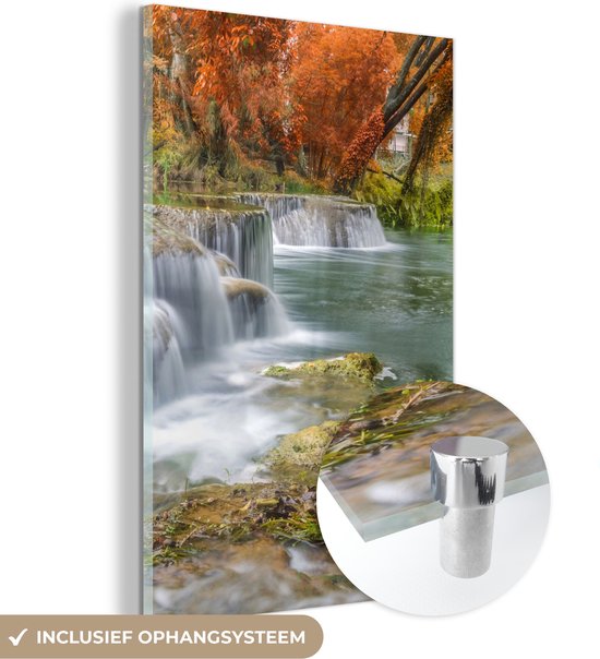 MuchoWow® Glasschilderij 20x30 cm - Schilderij acrylglas - Herfst - Waterval - Natuur - Bomen - Foto op glas - Schilderijen
