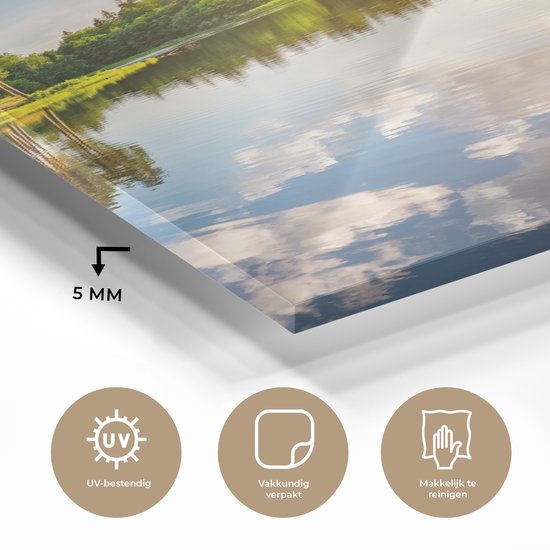 MuchoWow® Glasschilderij 90x120 cm - Schilderij acrylglas - Bomen - Water - Zon - Foto op glas - Schilderijen