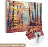 MuchoWow® Glasschilderij 90x60 cm - Schilderij acrylglas - Bos - Herfst - Bladeren - Foto op glas - Schilderijen