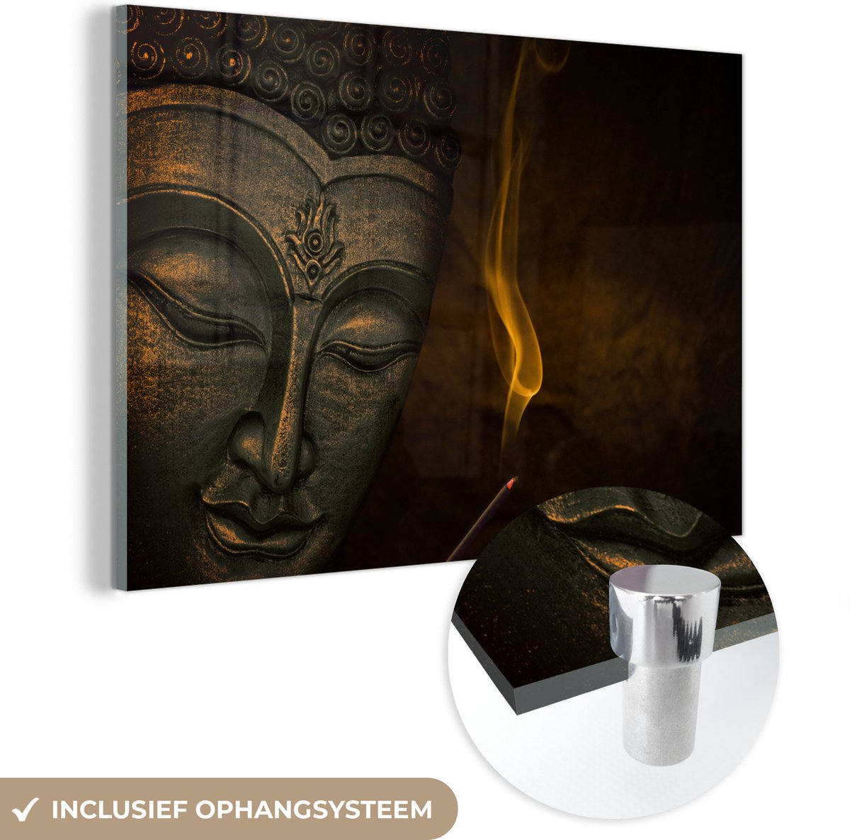® Glasschilderij 60x40 cm - Schilderij acrylglas - Boeddha - Gezicht - Wierook - Foto op g