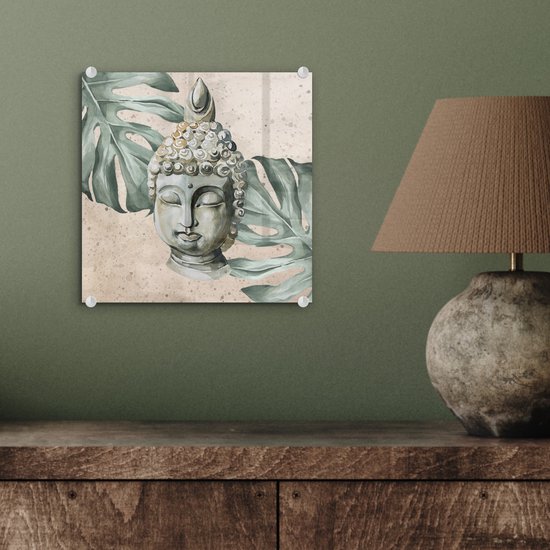 MuchoWow® Peinture sur verre 20x20 cm - Peinture sur verre acrylique - Bouddha - Tête - Feuilles - Photo sur verre - Peintures