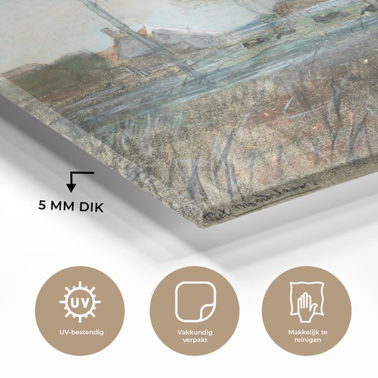 MuchoWow® Peinture sur verre 120x90 cm - Peinture sur verre acrylique - Ferme avec trois grands arbres au premier plan - Piet Mondrian - Photo sur verre - Peintures