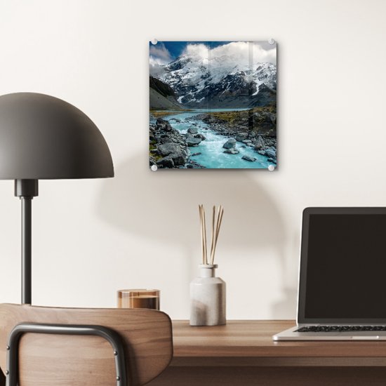 MuchoWow® Peinture sur verre 20x20 cm - Peinture sur verre acrylique - Nouvelle-Zélande - Rivière - Berg - Photo sur verre - Peintures