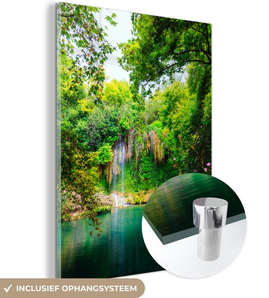 MuchoWow® Glasschilderij 60x80 cm - Schilderij acrylglas - Waterval - Meer - Bomen - Foto op glas - Schilderijen