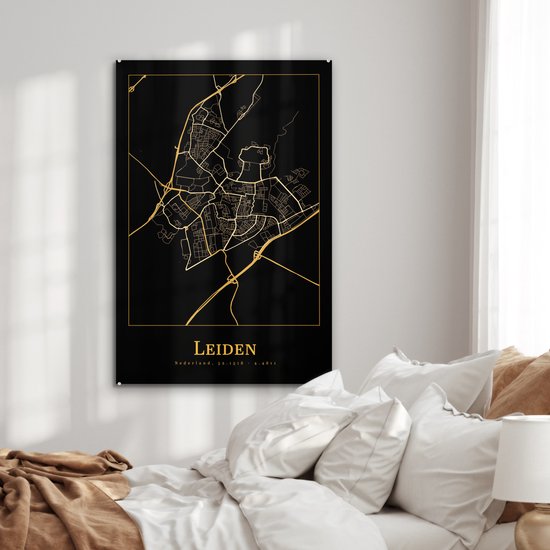 MuchoWow® Peinture sur verre 60x90 cm - Peinture acrylique sur verre - Carte - Leiden - Or - Zwart - Photo sur verre - Peintures