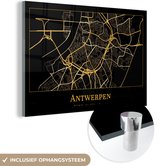 MuchoWow® Glasschilderij 120x80 cm - Schilderij acrylglas - Kaart - Antwerpen - Goud - Zwart - Foto op glas - Schilderijen