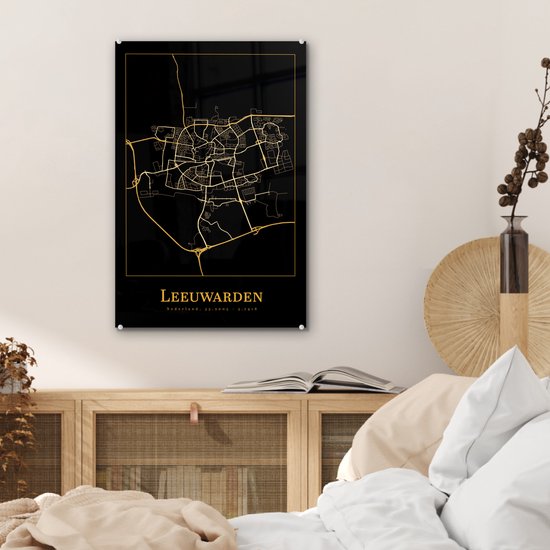 MuchoWow® Peinture sur verre 40x60 cm - Peinture sur verre acrylique - Carte - Leeuwarden - Simple - Or - Zwart - Photo sur verre - Peintures