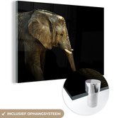 MuchoWow® Glasschilderij 150x100 cm - Schilderij acrylglas - Olifant - Rimpels - Zwart - Foto op glas - Schilderijen