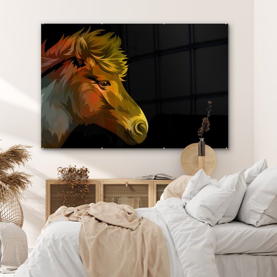MuchoWow® Peinture sur verre 150x100 cm - Peinture sur verre acrylique - Cheval - Jaune - Zwart - Filles - Enfants - Meiden - Photo sur verre - Peintures