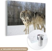 MuchoWow® Glasschilderij 90x60 cm - Schilderij acrylglas - Wolf - Sneeuw - Vacht - Foto op glas - Schilderijen