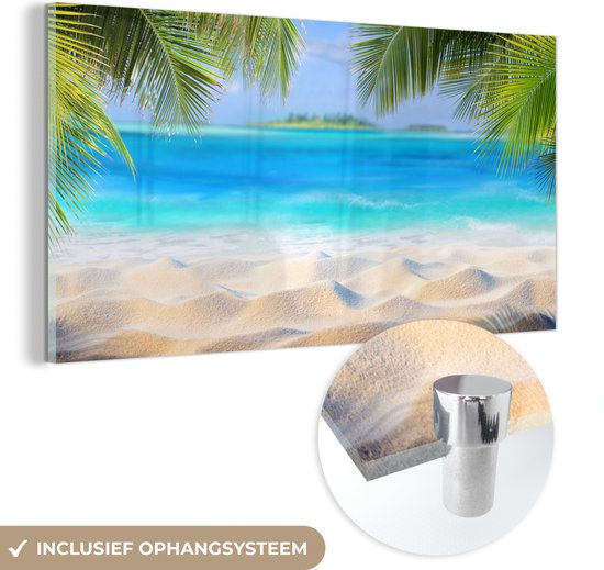 MuchoWow® Glasschilderij 120x60 cm - Schilderij acrylglas - Strand - Palmboom - Zee - Eiland - Foto op glas - Schilderijen