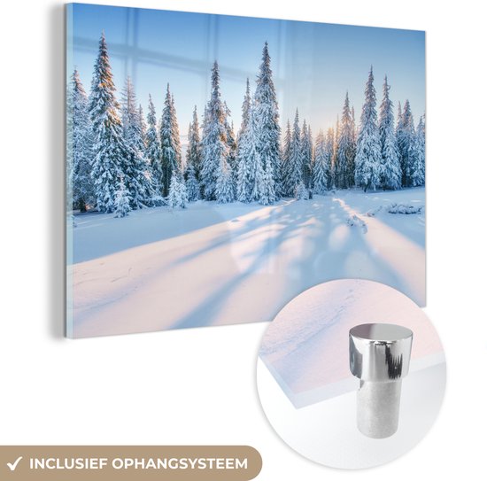 MuchoWow® Glasschilderij 180x120 cm - Schilderij acrylglas - Bos - Sneeuw - Winter - Foto op glas - Schilderijen