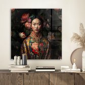 MuchoWow® Glasschilderij 50x50 cm - Schilderij acrylglas - Vrouw - Asian - Kimono - Bloemen - Portret - Foto op glas - Schilderijen