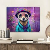 MuchoWow® Glasschilderij 40x30 cm - Schilderij acrylglas - Meerkat - Bloemen - Verf - Paars - Portret - Stokstaartje - Foto op glas - Schilderijen