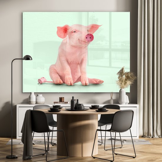 MuchoWow® Glasschilderij 160x120 cm - Schilderij acrylglas - Varken - Roze - Stopcontact - Dieren - Foto op glas - Schilderijen