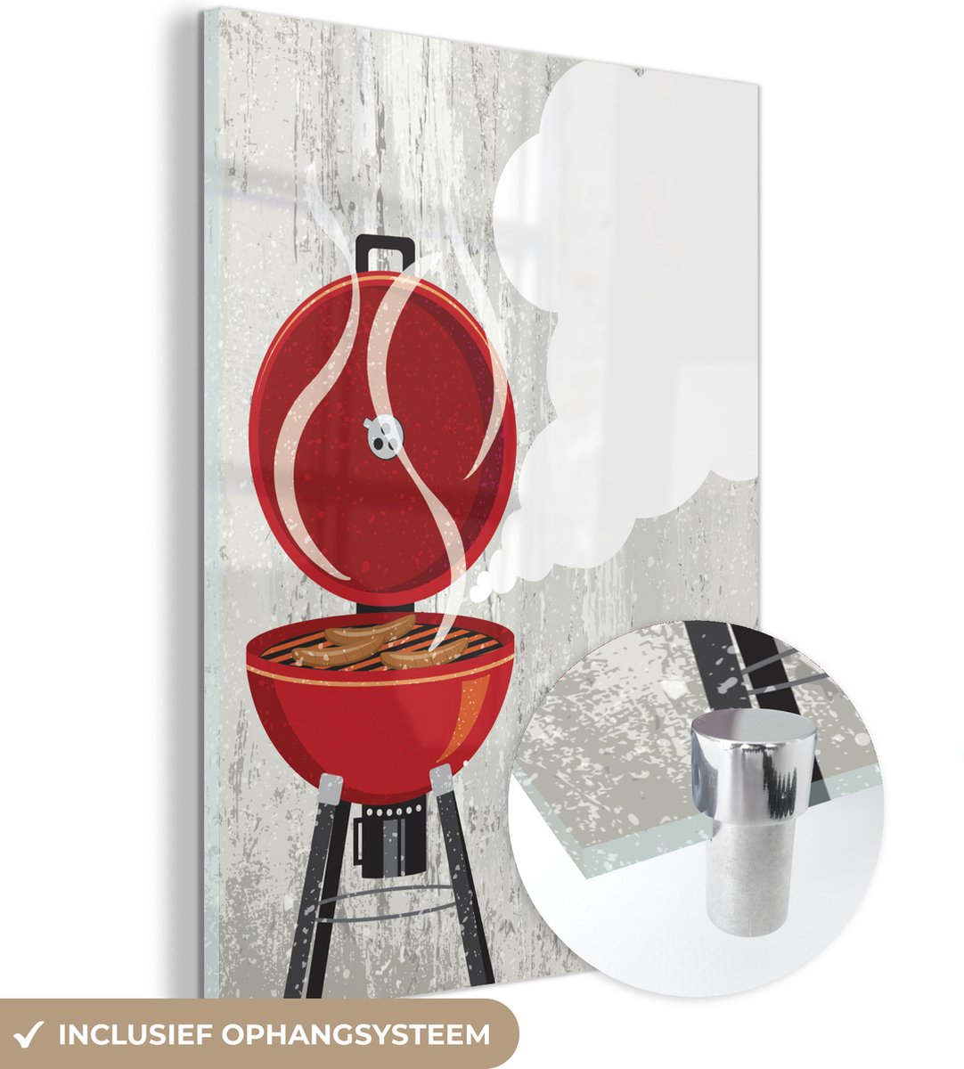 ® Glasschilderij 90x120 cm - Schilderij acrylglas - Een illustratie van een rode barbecue - Foto op glas - Muurdecoratie woonkamer - Wanddecoratie slaapkamer - Schilderijen