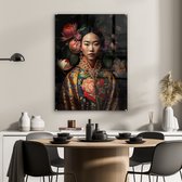 Glasschilderij vrouw - Bloemen - Kimono - Rozen - Aziatisch - Glasplaat - Foto op glas - Wanddecoratie glas - Woonkamer - 60x80 cm - Woondecoratie - Glasschilderijen - Schilderij glas
