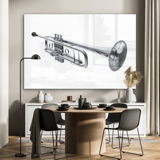 MuchoWow® Glasschilderij 150x100 cm - Schilderij acrylglas - Illustratie van een zilveren trompet - Foto op glas - Schilderijen