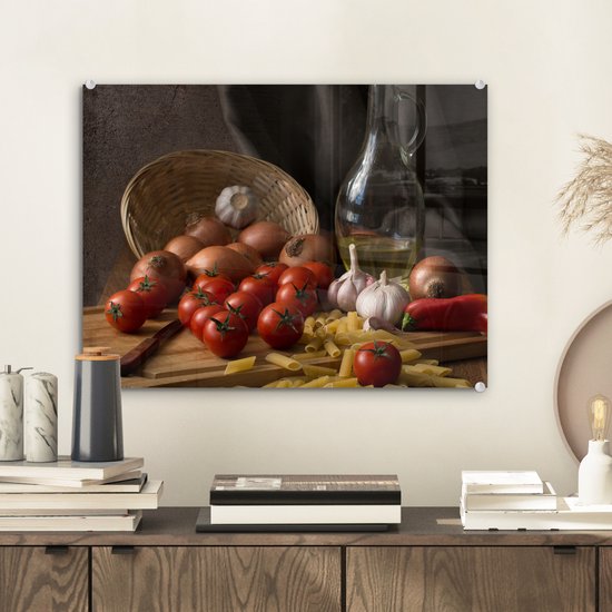 MuchoWow® Tableau sur verre 40x30 cm - Tableau sur verre acrylique - Planche à découper - Légume - Nature morte - Pâtes - Oignon - Tomate - Planche à découper - Photo sur verre - Décoration murale salon - Décoration murale chambre - Peintures