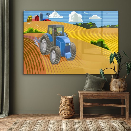 MuchoWow® Glasschilderij 150x100 cm - Schilderij acrylglas - Trekker - Boer - Wolken - Foto op glas - Schilderijen