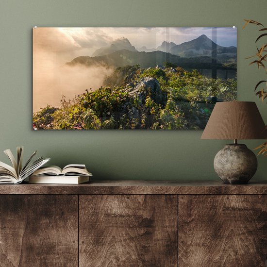 MuchoWow® Peinture sur verre - Berg dans la brume - 80x40 cm - Peintures sur verre acrylique - Photo sur Glas
