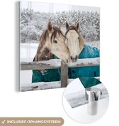 MuchoWow® Glasschilderij 50x50 cm - Schilderij acrylglas - Paarden - Deken - Sneeuw - Foto op glas - Schilderijen