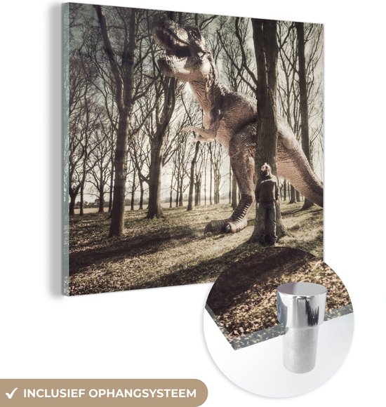 MuchoWow® Glasschilderij 20x20 cm - Schilderij acrylglas - Dinosaurus - Bos - Boom - Foto op glas - Schilderijen