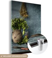 MuchoWow® Glasschilderij 60x80 cm - Schilderij acrylglas - Kruiden - Specerijen - Pan - Mes - Grijs - Rustiek - Foto op glas - Schilderijen