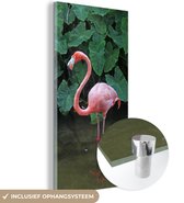 MuchoWow® Glasschilderij 20x40 cm - Schilderij acrylglas - Een flamingo staat in het ondiepe water - Foto op glas - Schilderijen