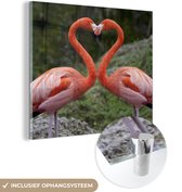 MuchoWow® Glasschilderij 90x90 cm - Schilderij acrylglas - Twee flamingo's vormen een hart - Foto op glas - Schilderijen
