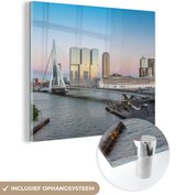 MuchoWow® Glasschilderij 90x90 cm - Schilderij acrylglas - Rotterdam - Water - Brug - Foto op glas - Schilderijen