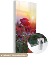 MuchoWow® Glasschilderij 60x120 cm - Schilderij acrylglas - Landschap met papavers in de ochtend - Foto op glas - Schilderijen