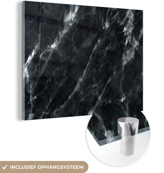 MuchoWow® Peinture sur verre 80x60 cm - Peinture sur verre acrylique - Marbre - Zwart - Luxe - Photo sur verre - Peintures