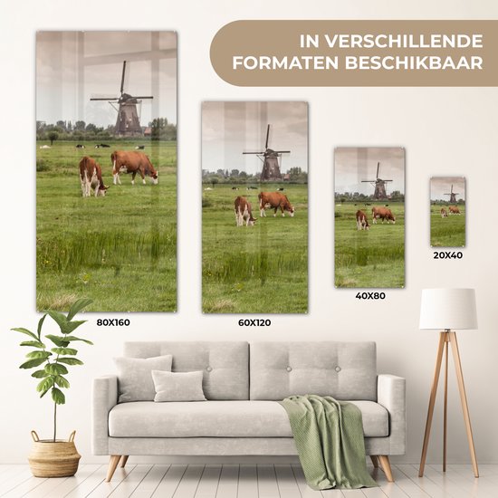 MuchoWow® Peinture sur verre - Vaches - Moulin - Nederland - 60x120 cm - Peintures sur verre acrylique - Photo sur Glas