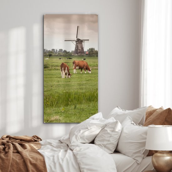 MuchoWow® Peinture sur verre - Vaches - Moulin - Nederland - 60x120 cm - Peintures sur verre acrylique - Photo sur Glas