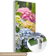 MuchoWow® Glasschilderij 20x40 cm - Schilderij acrylglas - Verschillende hortensia bloemen - Foto op glas - Schilderijen