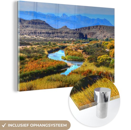 MuchoWow® Peinture sur verre 120x80 cm - Peinture sur verre acrylique - Une rivière et le paysage vallonné du parc national de Big Bend - Photo sur verre - Peintures