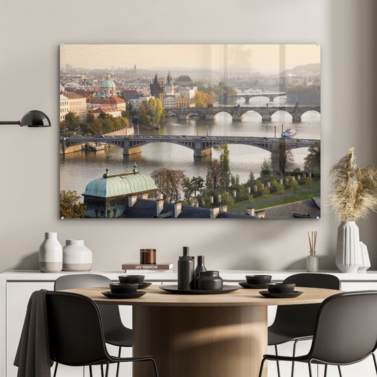 MuchoWow® Peinture sur verre 90x60 cm - Peinture sur verre acrylique - Ponts - Prague - Après-midi - Photo sur verre - Peintures