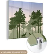 MuchoWow® Glasschilderij 50x50 cm - Schilderij acrylglas - Een illustratie van een bos met herten - Foto op glas - Schilderijen