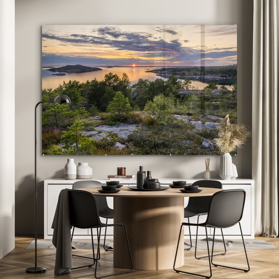 MuchoWow® Peinture sur verre 150x100 cm - Peinture sur verre acrylique - Coucher de soleil sur la côte suédoise - Photo sur verre - Peintures
