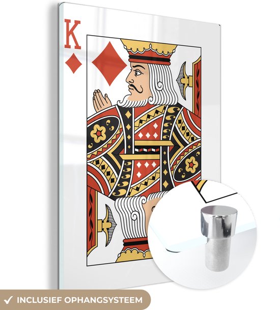 MuchoWow® Glasschilderij 90x120 cm - Schilderij acrylglas - Illustratie van een ruiten koning speelkaart - Foto op glas - Schilderijen