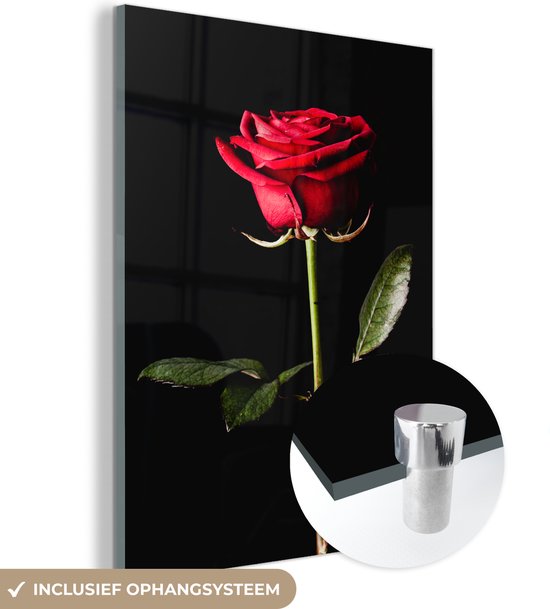 MuchoWow® Glasschilderij 30x40 cm - Schilderij acrylglas - Een rode roos op een zwarte achtergrond - Foto op glas - Schilderijen