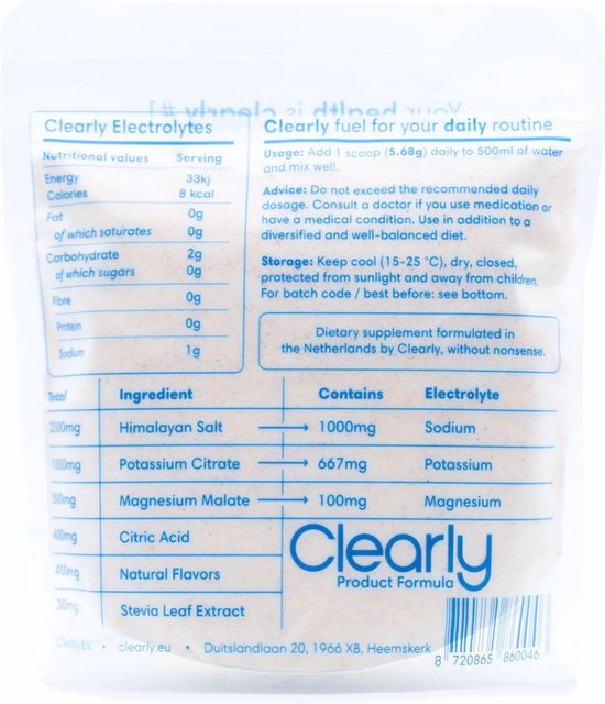 Clearly Electrolytes - Elektrolyten poeder 60 porties - Geen suiker - Keto / fasting vriendelijk - LMNT, Natrium 100mg, Kalium 667mg, Magnesium 100mg - Clearly