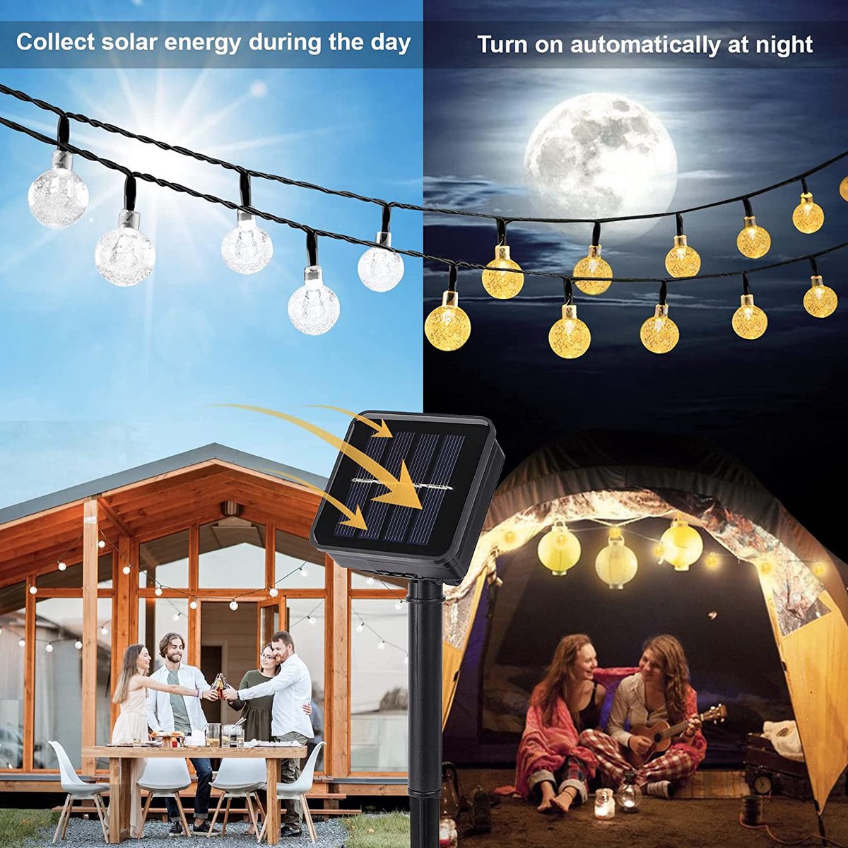 Lichtsnoer Buiten op Zonne-Energie - 50LED Solar Tuinverlichting - Warm-wit - ø2.2cm - Lampjes slinger - Kerstverlichting - Buitenverlichting - sfeerverlichting - 5+2m - Lichtslinger - IP 65 – foto 5