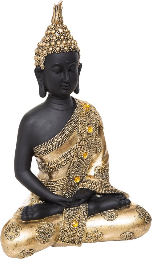Atmosphera Boeddha beeld - zittend - binnen/buiten - polyresin - goud/zwart - 34 cm