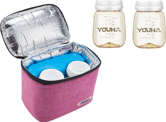 Youha® koeltas met koelelement en twee moedermelk flesjes - Babymelk koelen - Moderne moedermelk tas - Babymelk koud houden - Handig draagbaar - inclusief moedermelk flesjes en koelelement - Kleur: Roze/Paars